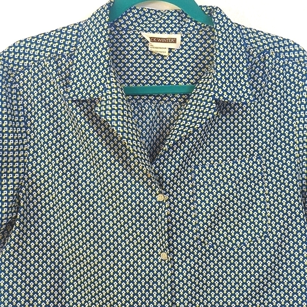 Must SEE Blue&Yellow Geometric Print EUC Vintage Button Down sz 14 - S/M - Picture 5 of 7